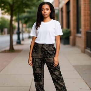 Solitaire Paisley Rayon Wide-Leg Trousers L Black & Cream Pattern  Lightweight
